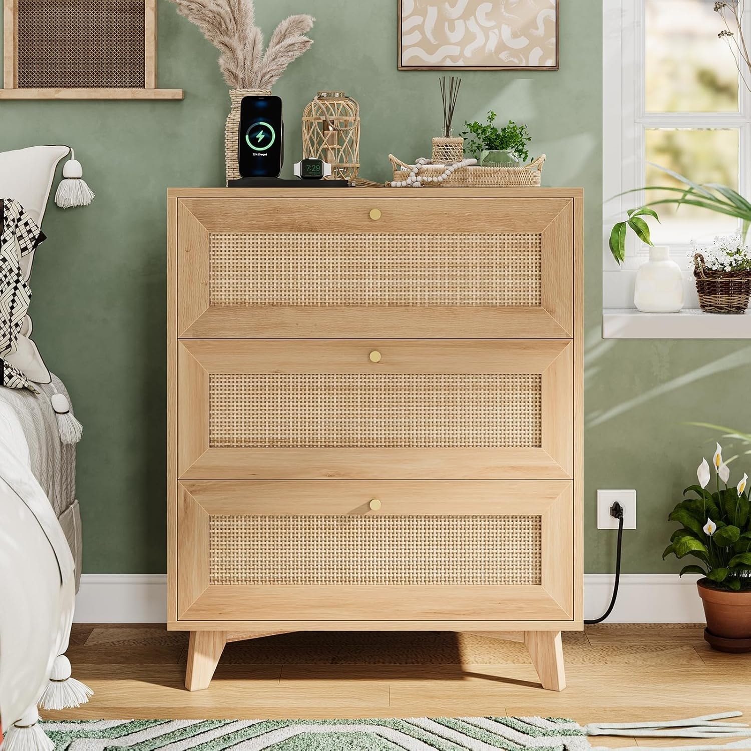 Natural Rattan Nightstand with Charging Station, 3 Large Drawers, Boho Bedside Table for Bedroom