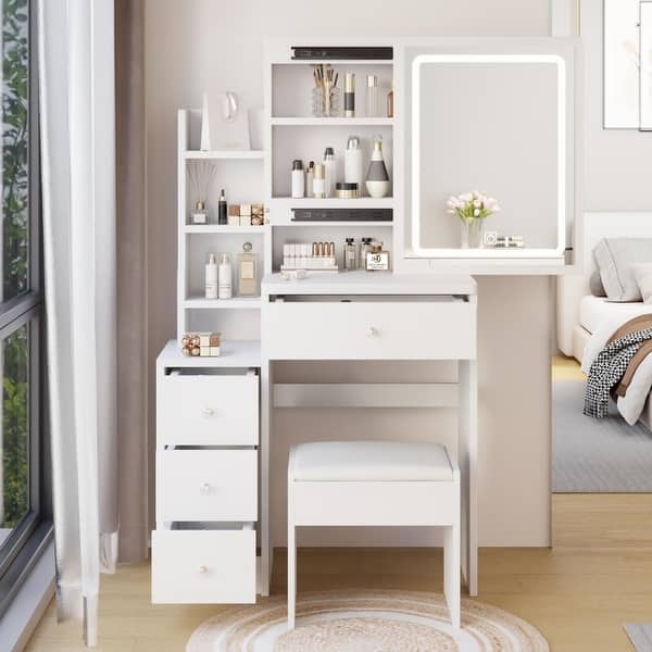 Vanity Desk Set With Vanity Table and Cushioned Stool,Extra Large Touch  Control Sliding LED Mirror - Bed Bath & Beyond - 41150532