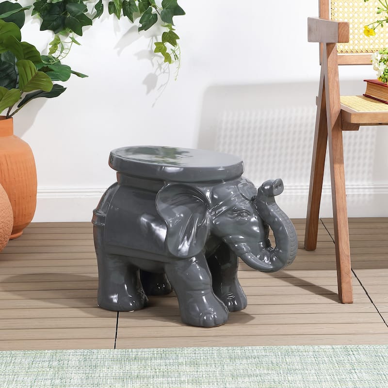 White Elephant 14.2" Ceramic Garden Stool, White by JONATHAN Y