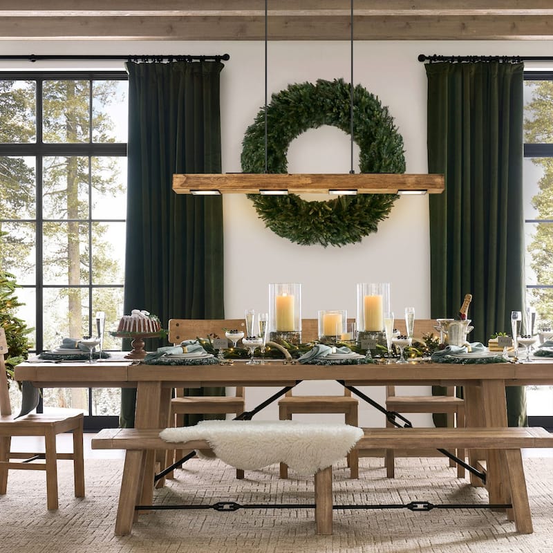 6-Light Modern Farmhouse Brown Wood Linear Integrated LED Island Pendant for Kitchen Dining Room - 31.4 in. L