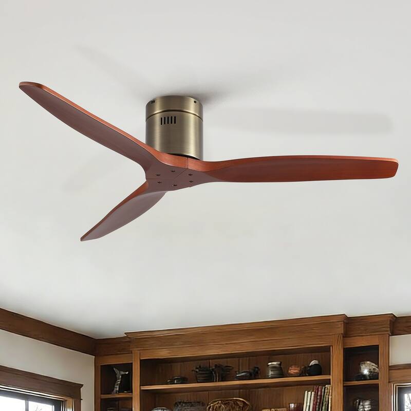 52"Mordern Rustic Elegance Solid Wood Blades Low Profile Flush Mount Ceiling Fan without Light - Bronze