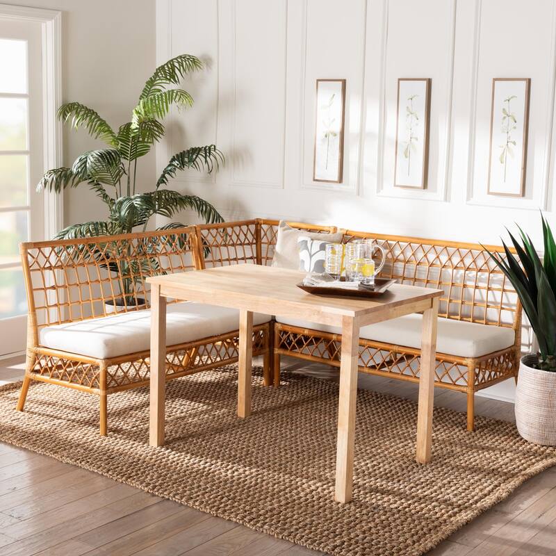 Aina Modern Bohemian Honey Rattan 4-Piece Dining Nook Set