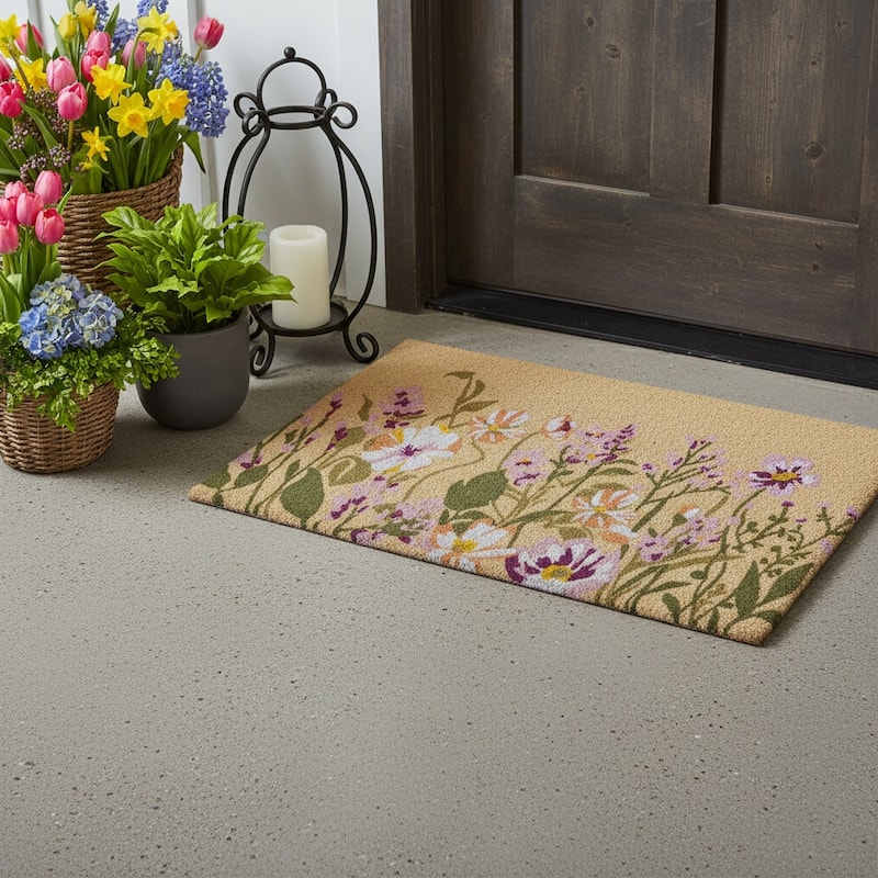 HomeRoots 24" X 36" Brown Green And Purple Floral Outdoor Coir Door Mat - 24.00' X '36.00 - 24.00' X '36.00