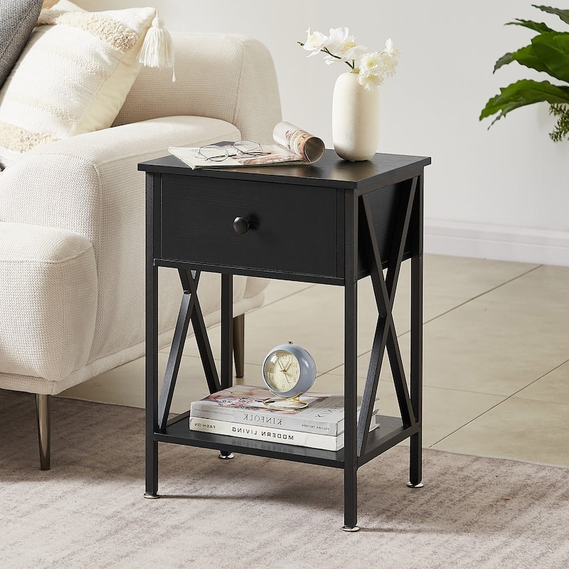 Mid Century Modern End Table with Storage Shelf X-Shaped Sofa End Table with Handle Drawer Felt Padded Legs