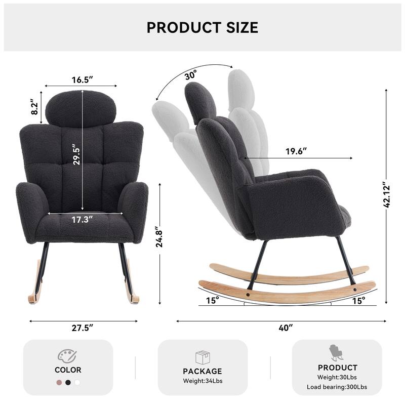 Comfortable Teddy Fabric Upholstered Rocking Chair with High Backrest and Pillows for Indoor Use