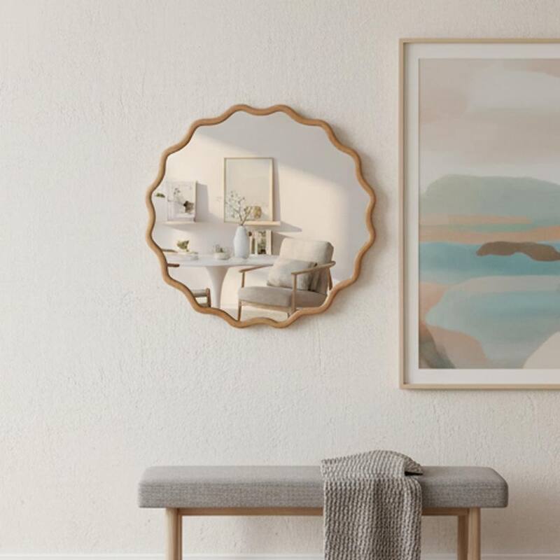 24 inch Wavy Round Solid Wood Frame Decorative Mirror,For Bedroom, Bathroom, Living Room, Entryway
