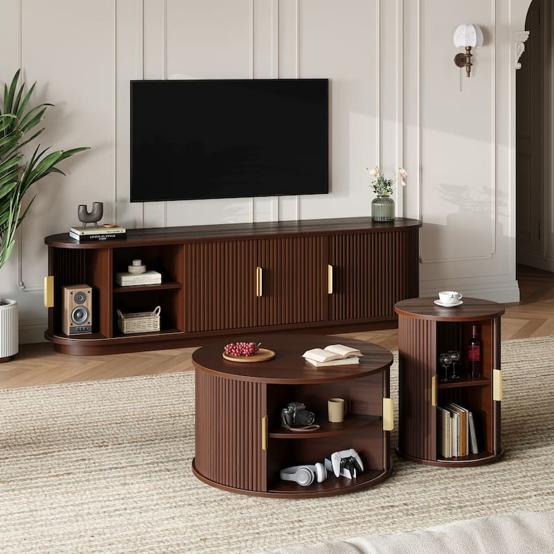 Fluted Sliding Door TV Stand & Coffee Table Set, Wooden Media Cabinet TV Console for TVs up to 75", 3-Piece Living Room Set - Walnut