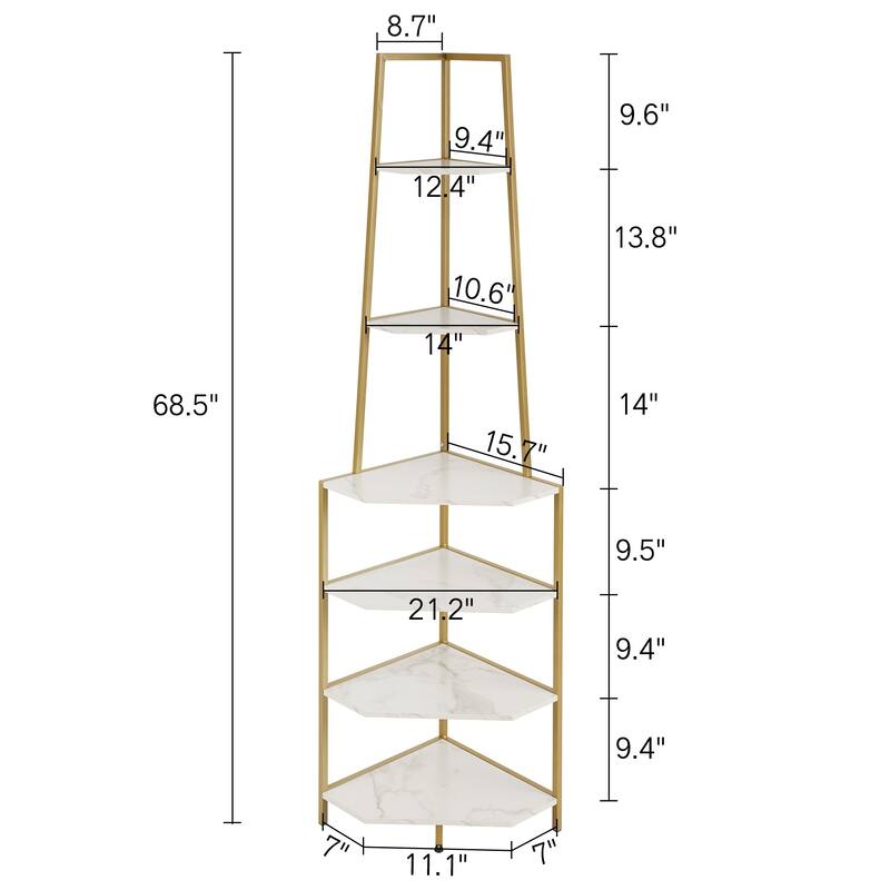 VECELO 6-Tier Corner Bookshelf 68.5" Open Shelves Space-Saving Multifunctional Storage for Living Room Kitchen Balcony