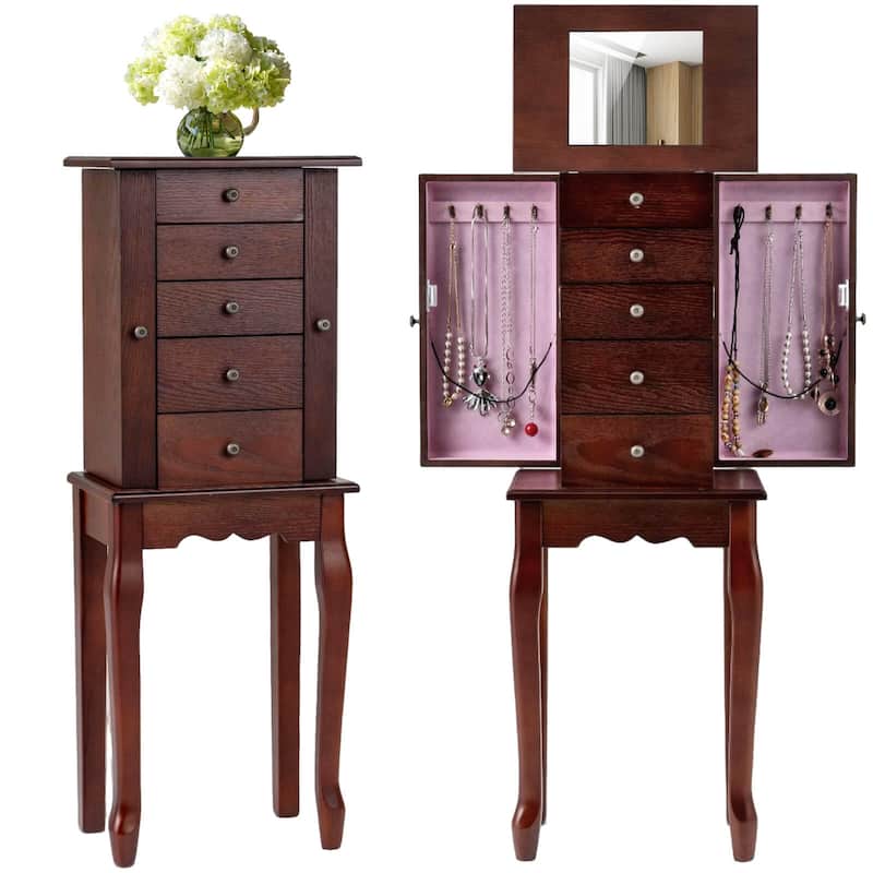 Costway Jewelry Cabinet Storage Chest Standing Organizer Mirror White - See Details - Brown