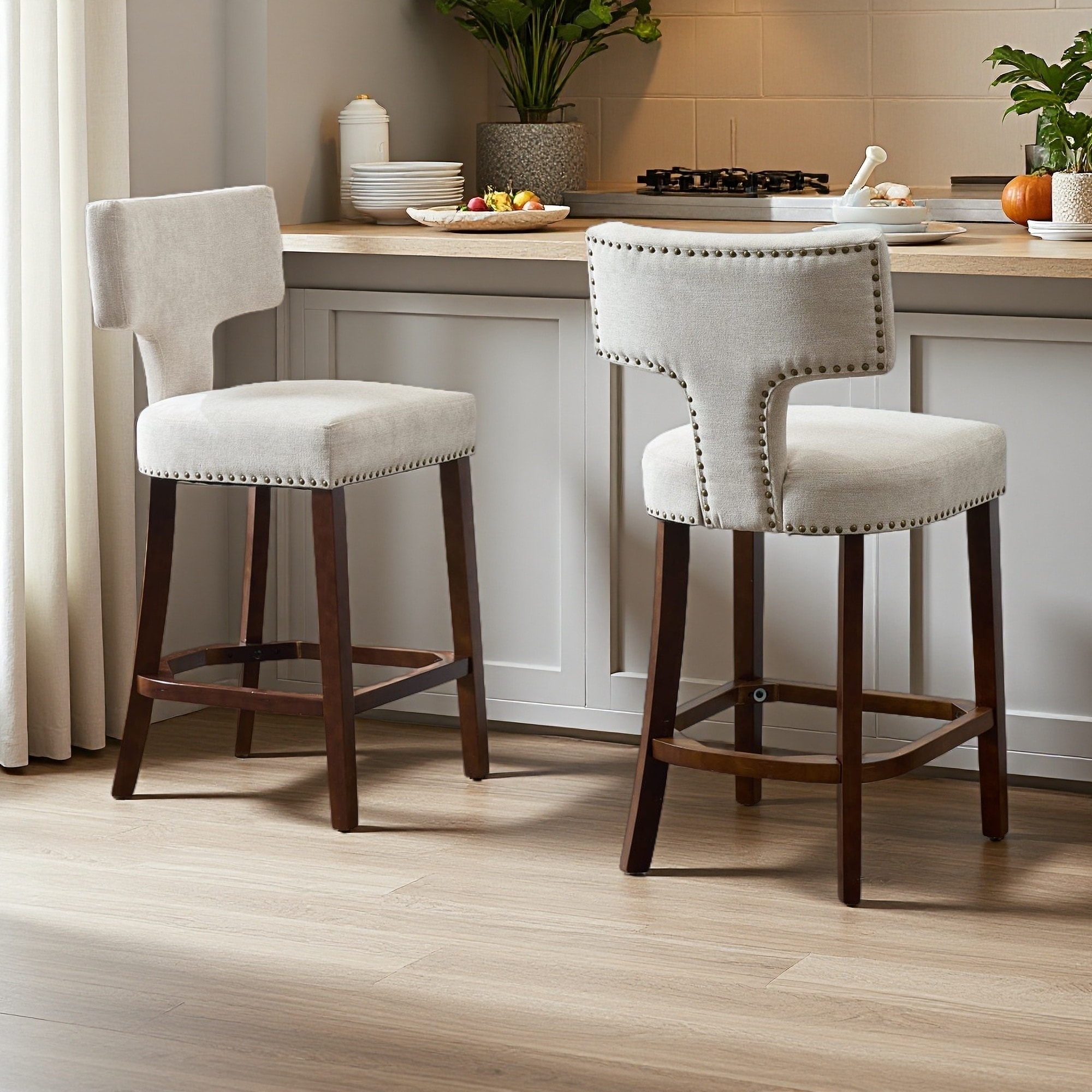 39"H Set of 2 Mid Century Modern Linen Upholstered Counter Height Bar Stools with Curved Backrest and Copper Nailhead Trim