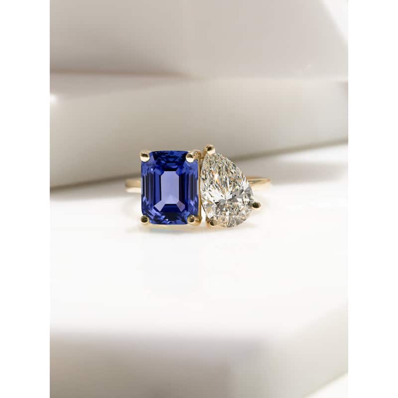 Kobelli Blue Sapphire & White Diamond Certified 14k Solid Gold 2 Stone Toi et Moi Dutchess Ring (EF/VS)