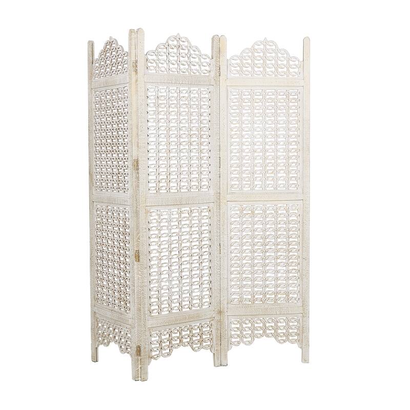 Wooden Geometric Handmade Large Freestanding Adjustable Room Divider Screen with Chain Link Pattern - Cream - Roche River Decor