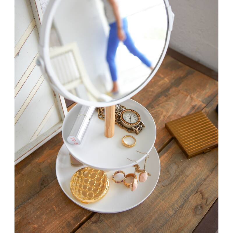 Yamazaki Home Two-Tier Jewelry Tray With Mirror, Steel and Wood, Mirror diameter 5.9 inches, Holds 4.4 lbs