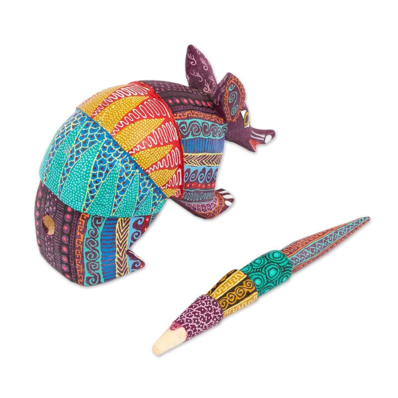 Novica Handmade Kaleidoscopic Armadillo Wood Alebrije Figurine - 2.8" H x 2" W x 4.5" D