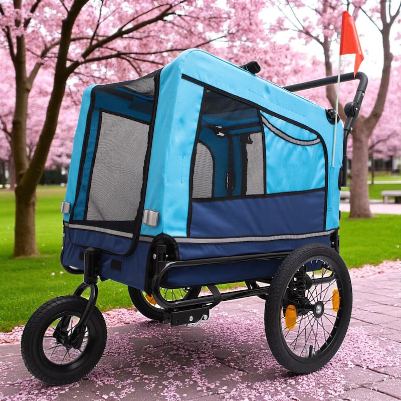Extra Large 2-in-1 Pet Bike Trailer & Stroller - Heavy Duty Dog Carrier with Quick Release Wheels, Ventilation & Storage - Blue