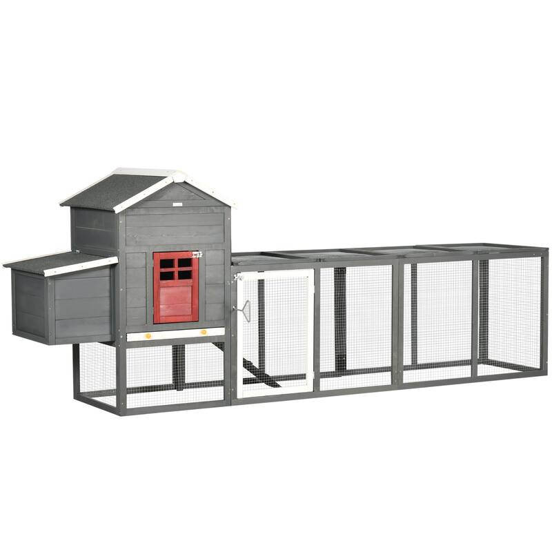 PawHut 118" Extra Large Chicken Coop with Asphalt Roof, Wooden Hen Run with Slide-Out Tray and Nesting Box, Chicken Hutch - Grey