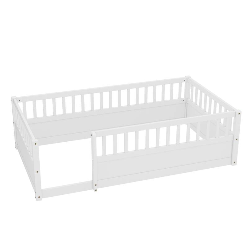 Roomfitters Wooden Twin Floor Bed Frame with Fence, Montessori Low Platform Design for Bedroom or Playroom
