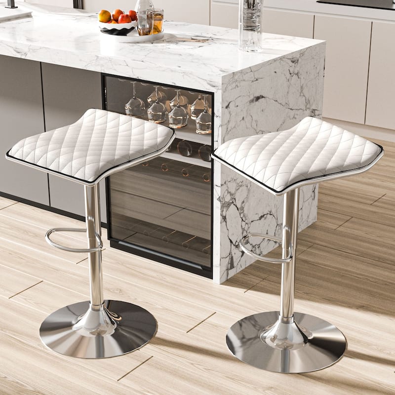 Javlergo Set of 2 Diamond Pattern Bar Stools Adjustable Height 360° Swivel PU Leather Counter Height Bar Chair with Arc Footrest