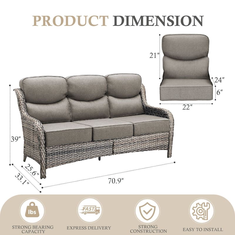 Arcadia 3-Seat Handwoven Wicker Patio Sofa with 6-Inch Thick Cushions
