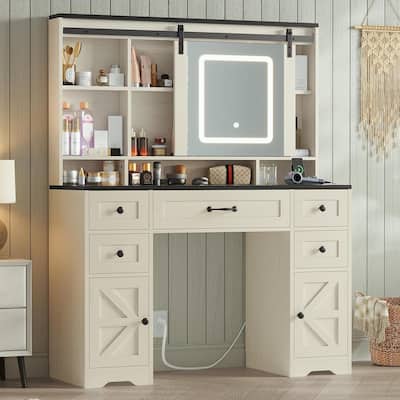 Vanity Desk Barn-Door Sliding Mirror & Power Outlet Glass Top