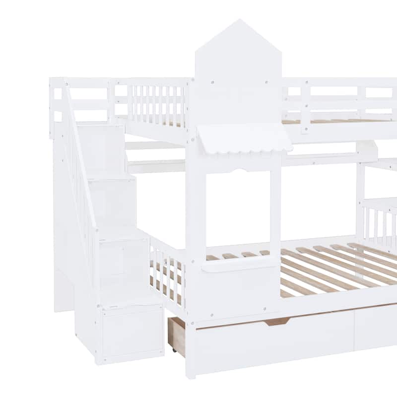 Castle Style Bunk Bed with 2 Drawers 3 Shelves and Slide