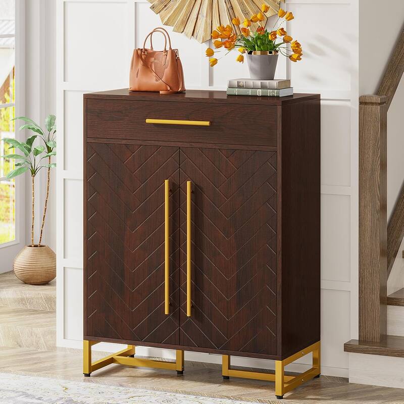 31.5" Walnut & Gold Wooden Shoe Storage Cabinet
