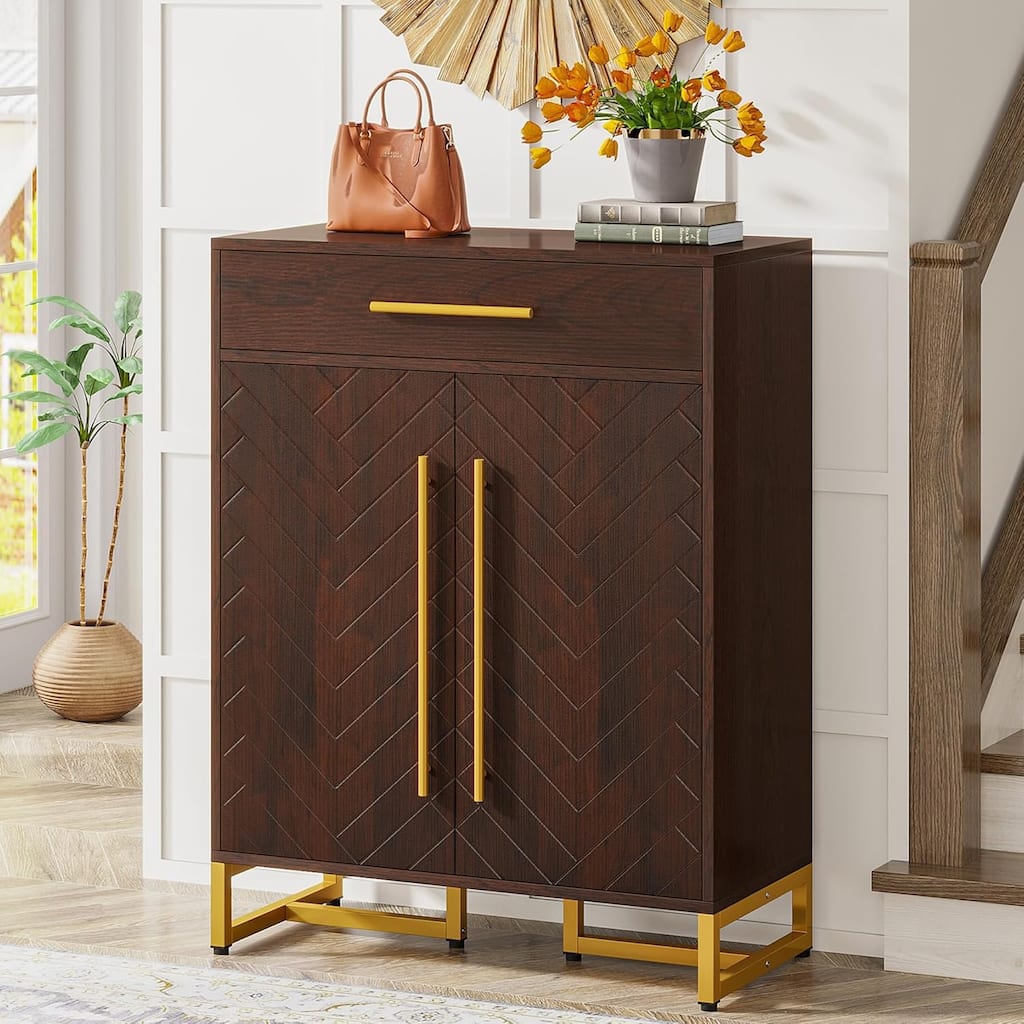 31.5" Walnut & Gold Wooden Shoe Storage Cabinet