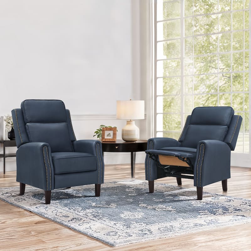 Genuine Leather Recliner Push Back Recliner Chair 3 Adjustable Armchair with Wooden Legs for Living Room, Bedroom - Navy/Set of 2