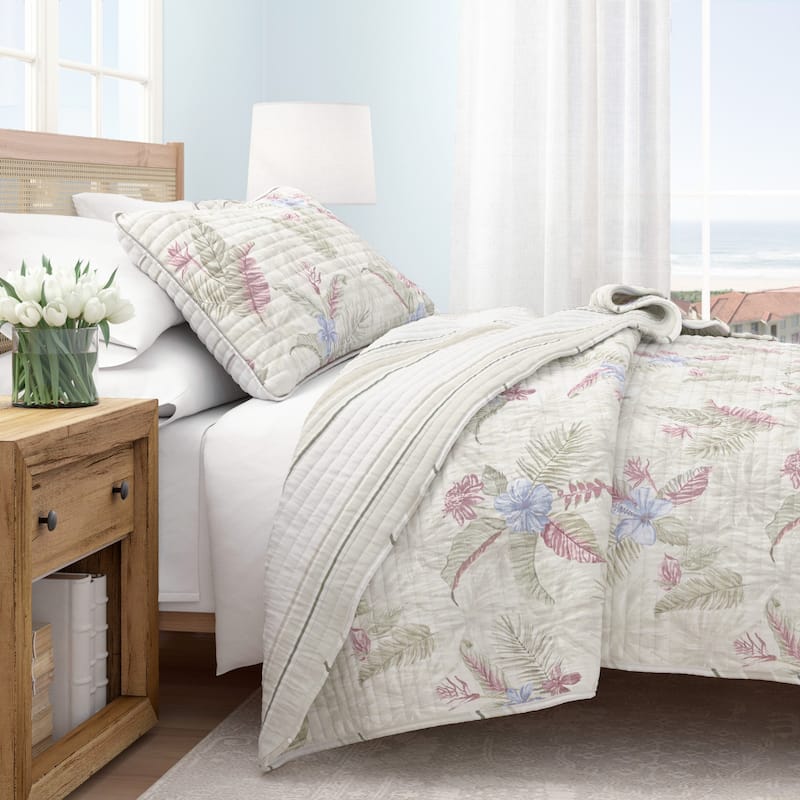 Linery & Co. Cotton Stitched Reversible Tropical Palm 3 Piece Quilt and Sham Set - Tropical Floral - Twin