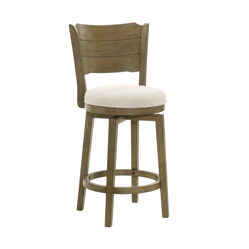Winsley Coastal Modern Swivel Wood Counter Height Kitchen Bar Stool with White Boucle Fabric Upholstered Seat