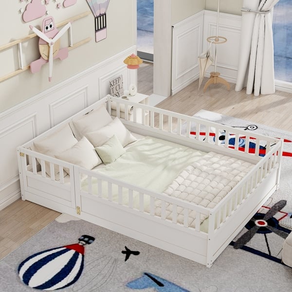 slide 2 of 16, Full size Floor bed, integral construction with super high security barrier, door, children's floor bed frame, Montessori White