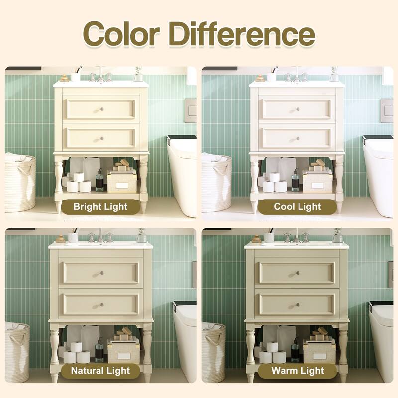 24" Bathroom Vanity with Ceramic Sink, Bathroom Storage Cabinet with Open Shelf, Retro Design Bathroom Cabinet with 2 Drawers