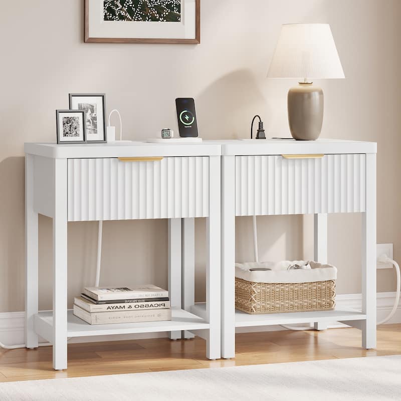 Nightstand with Drawers Fluted Bedside Table with Charging Station - White Set of 2
