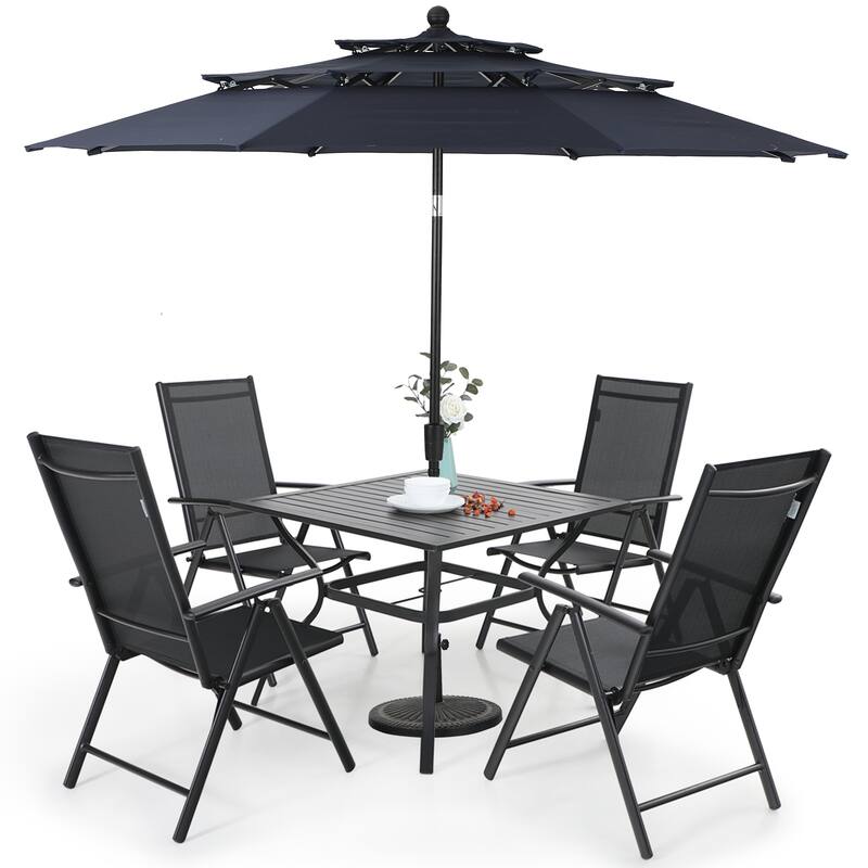 Outdoor 6-piece Patio Dining Set, 1 Square Metal table, 4 Adjustable Folding Chairs and 10ft Umbrella