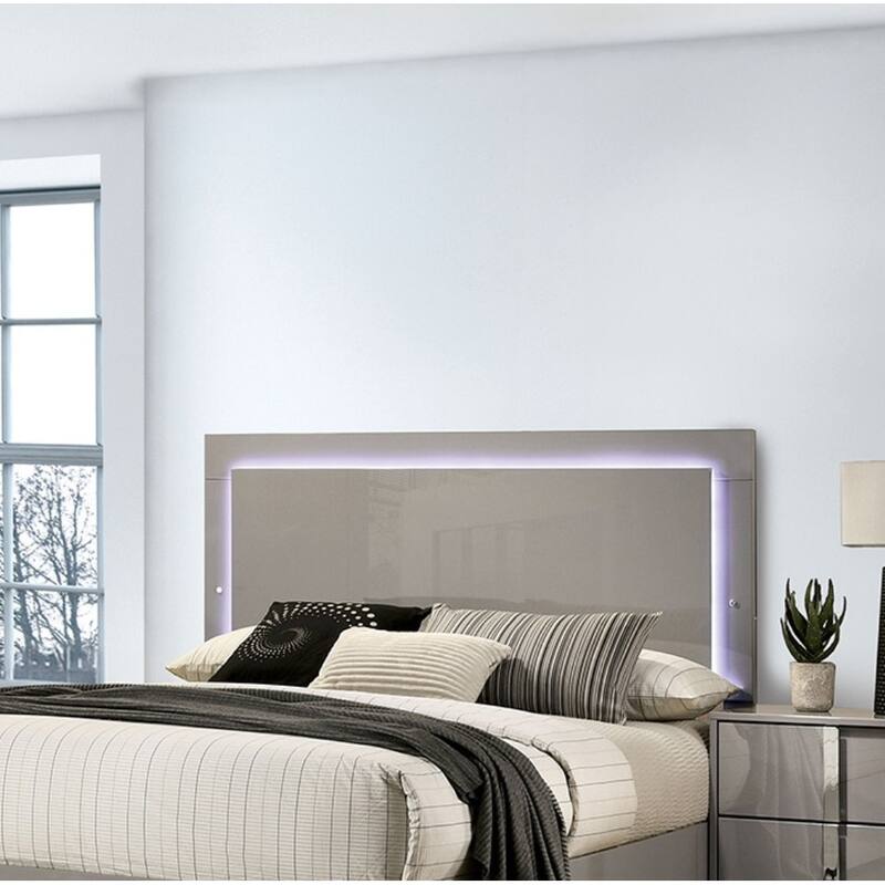 King Size Piano LED Platform Bed with Chrome Accents and Vertical Handles and UV Finish Headboard