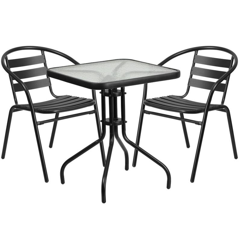 23.5" Square Glass Metal Table with 2 Metal Aluminum Slat Stack Chairs