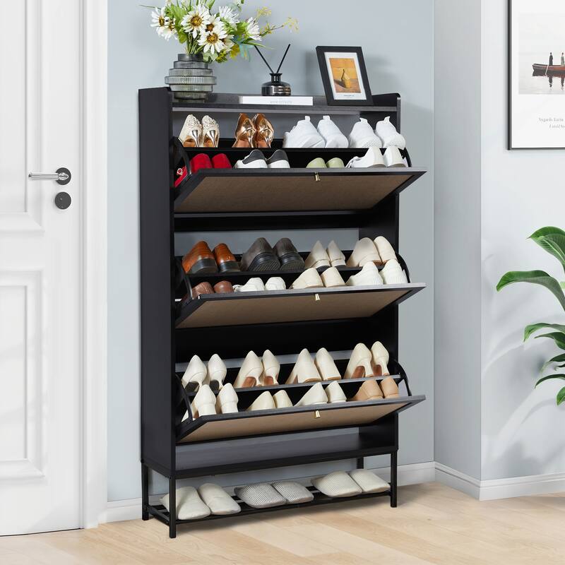Wooden Shoe Storage Cabinet with triple-tier flip-up drawer