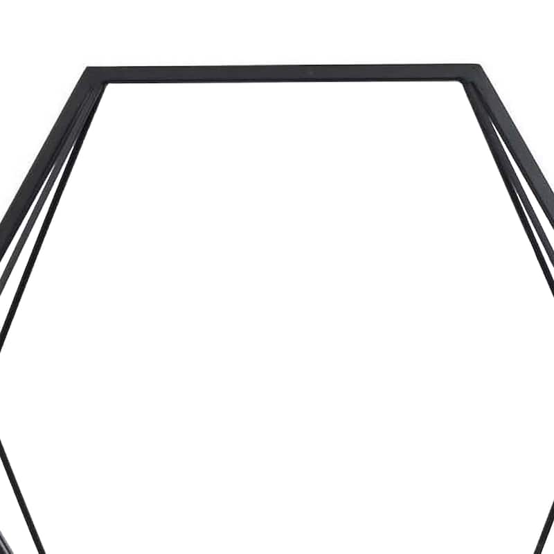 24 Inch Wall Mirror with Shelf, Hexagon Shaped, Metal, Black Finish