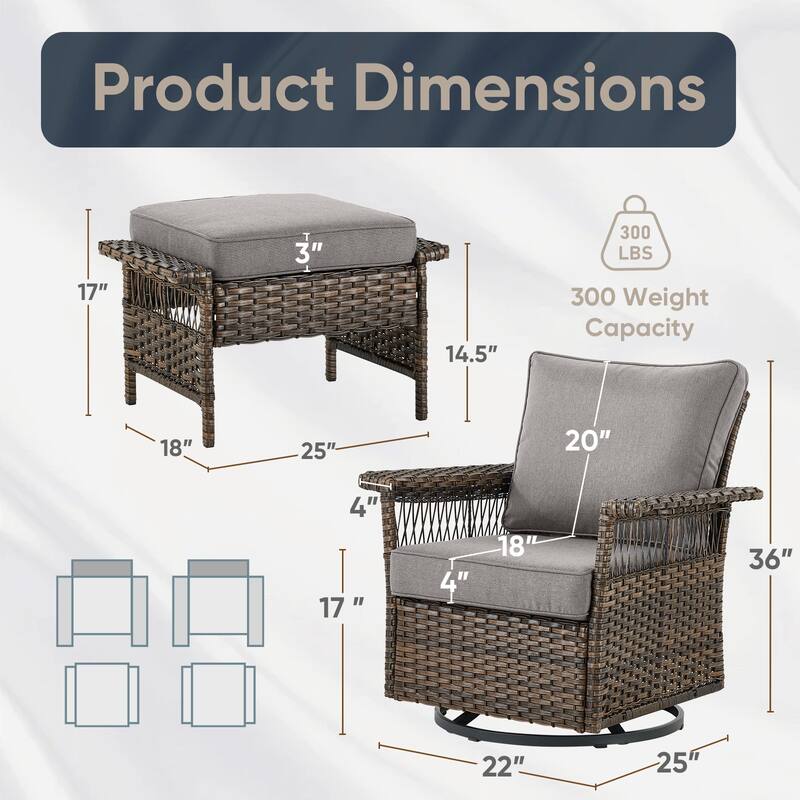 Pocassy Outdoor Swivel Chairs with Sofa Chair Ottoman and Table Set