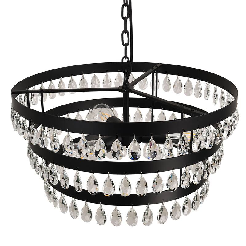 3 - Light 3 - Tier Crystal Chandelier, Black Iron Frame, Ceiling Pendant - Matte Black
