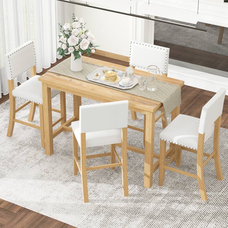 5 Piece Dining Table Set, Counter Height Kitchen Table Set with 4 Curved Backrests Upholstered Chairs with Brass Nailhead Trim