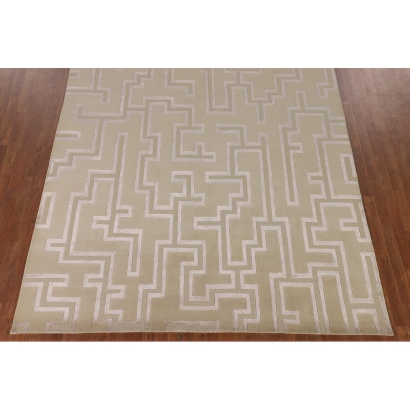Geometric Nepalese Oriental Area Rug Handmade Wool Carpet Beige - 8'1" x 9'11"