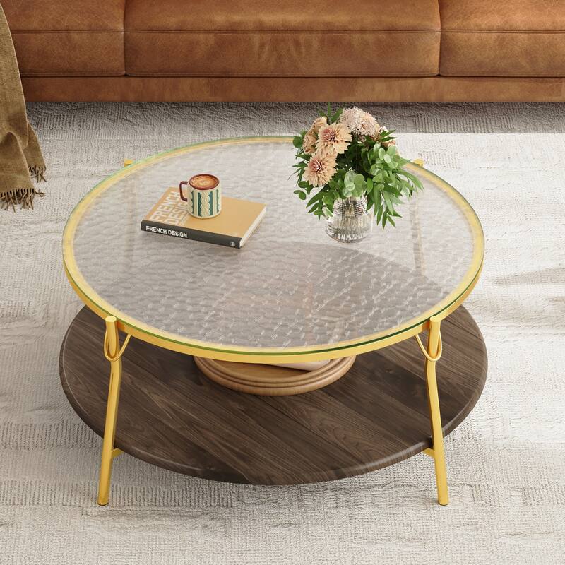 29.9" Round Coffee Table, Luxurious Center Table for Living Room, 2-Tier Storage Table with Glass Top and Gold Base
