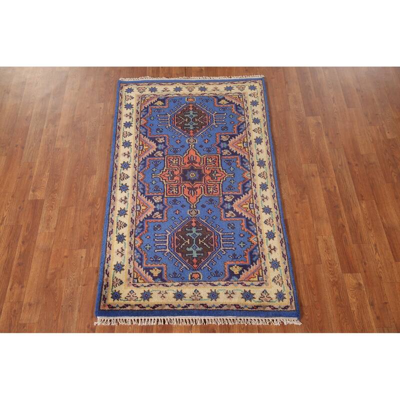 Blue Geometric Kazak Oriental Accent Rug Handmade Wool Carpet - 3'0"x 5'0"