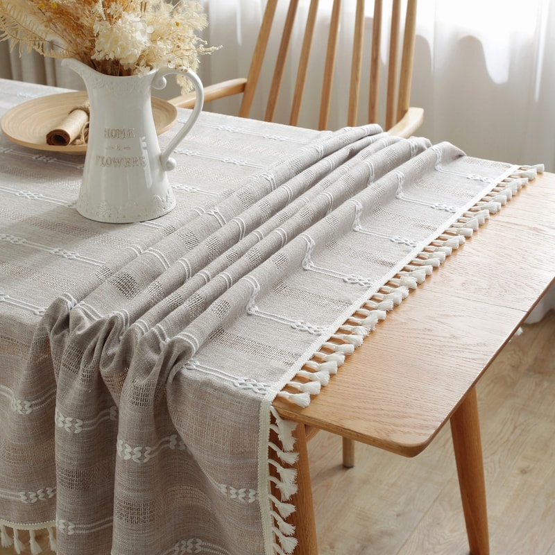 Enova Home High Quality Rectangle Cotton Linen Washable Tablecloth Stripe with Tassel for Home Party Wedding Dining Table