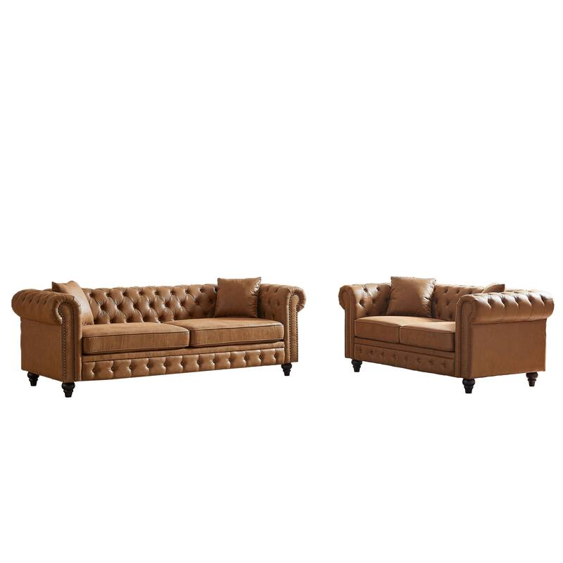 Loveseat Sofa +3 Seater Sofa Set of 2, Button Tufted Chesterfield Couches, Tech Leather Fabric Upholstered Deep Seat Sofas