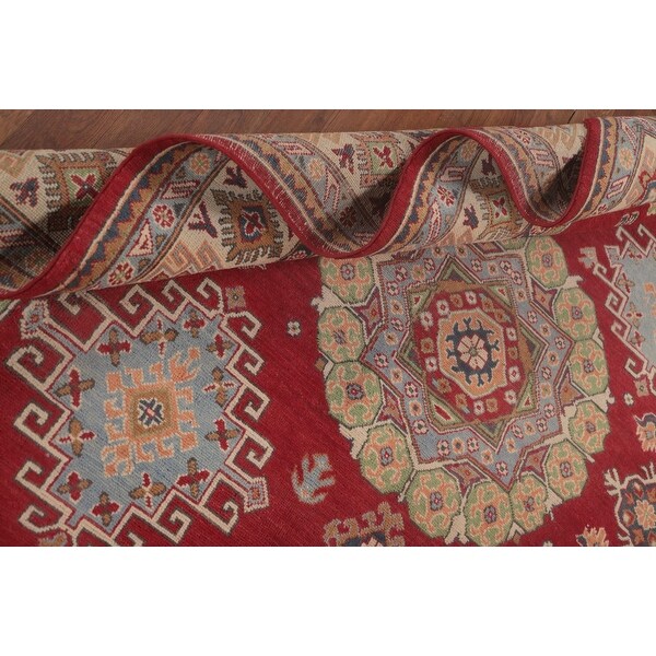 Red Geometric Kazak Oriental Area Rug Handmade Wool Carpet - 6'4