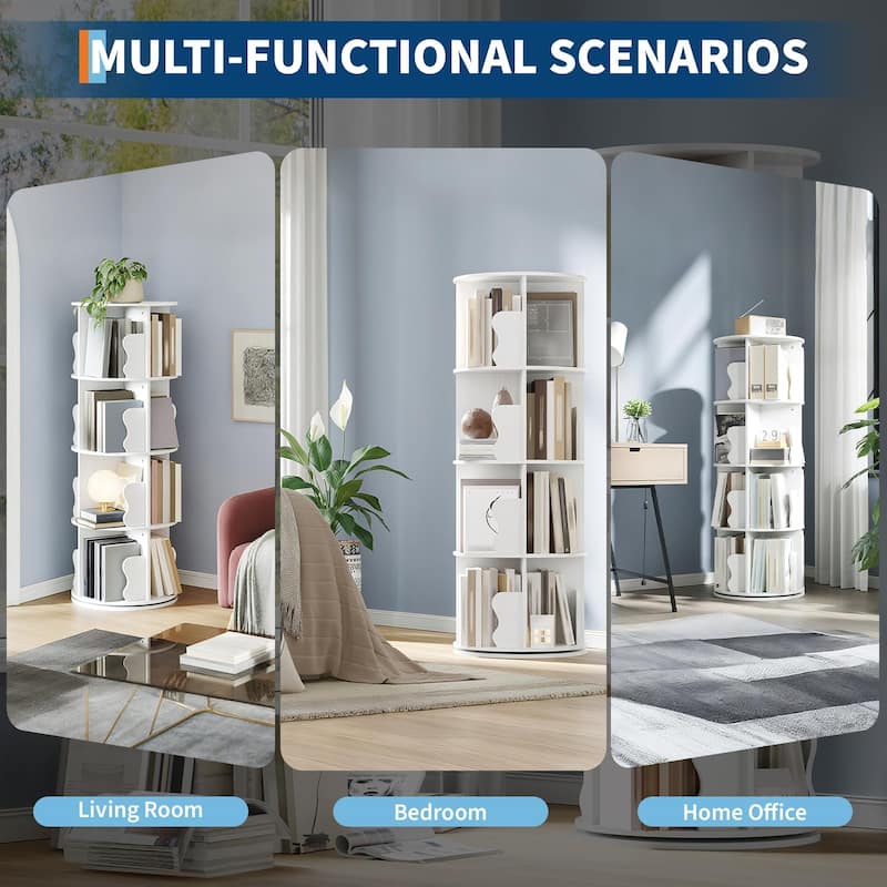 4 Tier Rotating Bookshelf Tower, Spinning Corner Bookshelf for Small Spaces, Revolving 360° Bookcase Storage Rack Tower