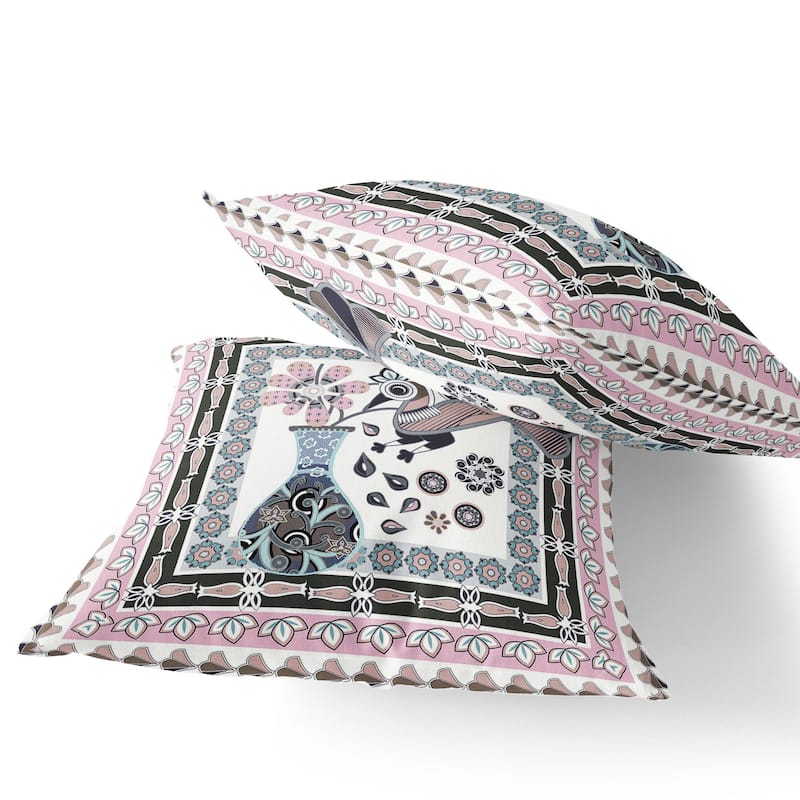 HomeRoots Set of Two 16" X 16" Pink and Black Peacock Blown Seam Floral Indoor Outdoor Throw Pillow - 16.00' X '16.00' X '5.00