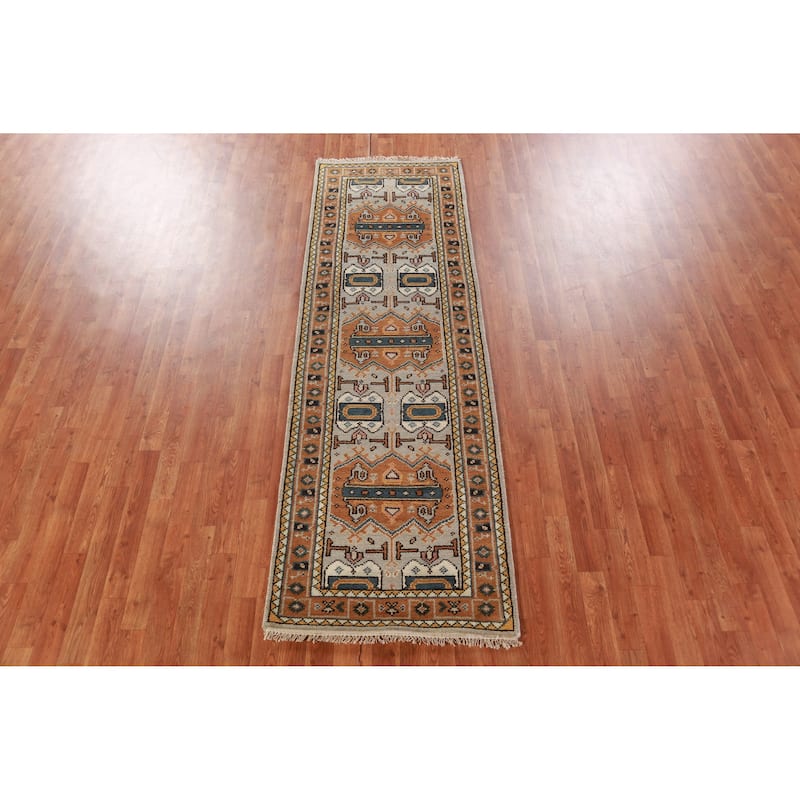 Hand Knotted Oriental 100% Wool Carpet Traditional Geometric Greys & Charcoal Heriz (serapi) Runner Rug - 8' 0'' X 2' 7''